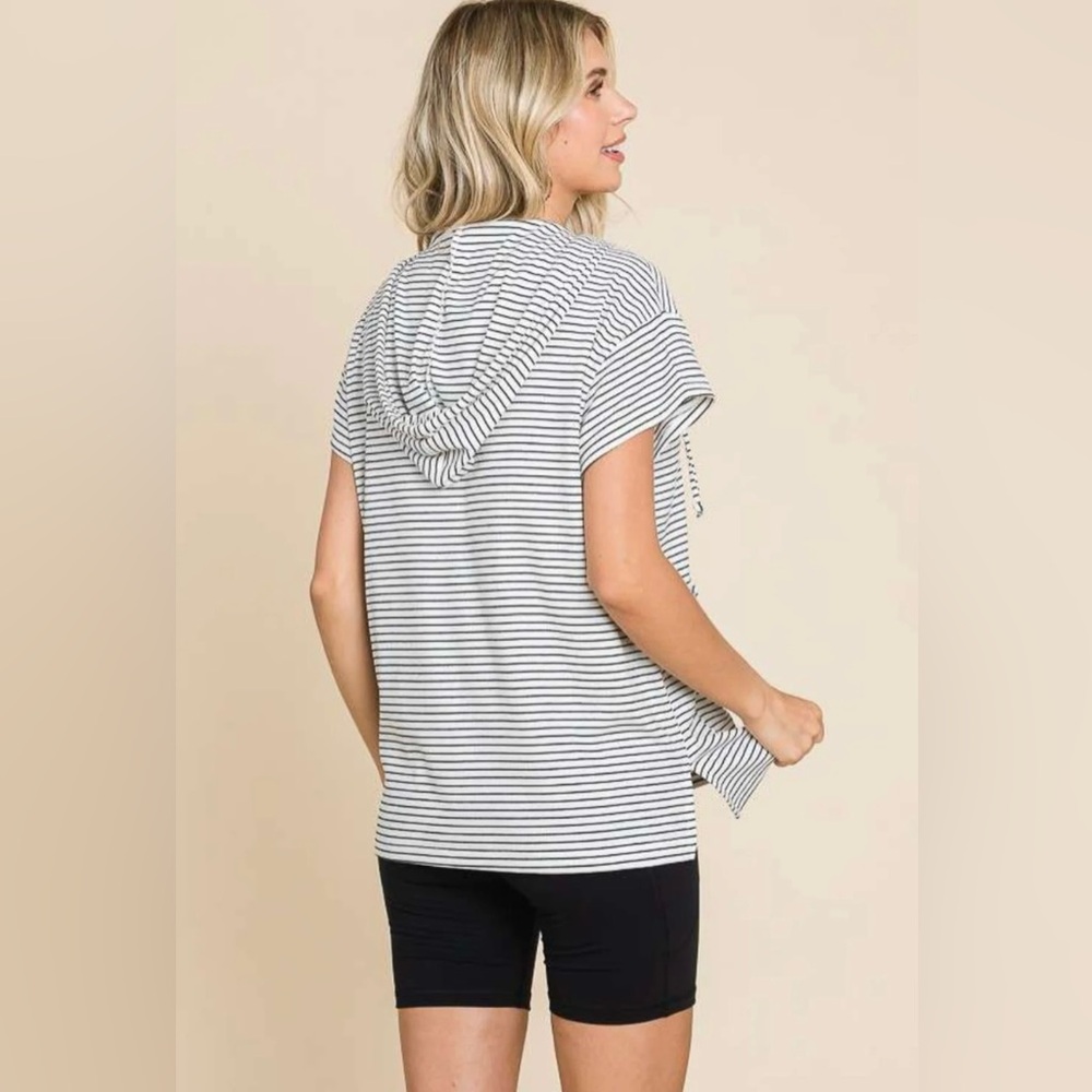 Mododoc Short Sleeve Striped Hooded Tunic Gray Size XS